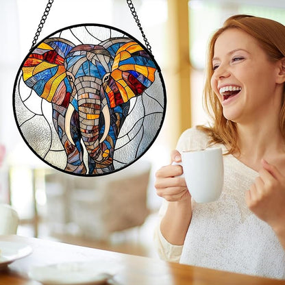 Stained Glass Window Hanging, Colorful Elephant Sun Catcher for Door Home Decor Animal Suncatcher Christmas Mother's Day Birthday Gifts for Women Men Mom and Nana 11.8 in