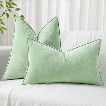 decorUhome Spring Couch Throw Pillow Covers 16x16 Set of 2, Decorative Soft Velvet Neutral Chenille Pillow Covers with Elegant Design for Sofa Bed Living Room Home Decor, Sage Green