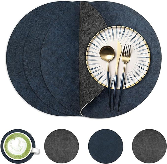13-Inch Faux Leather Round Placemats Set of 4, Waterproof Anti-Slip Dual Sided Place mats, Heat Resistant Washable Table Mats with Coaster, Suitable for Indoor & Outdoor (4, Black Navy Blue)
