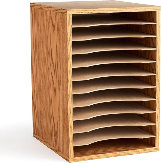 Safco Vertical Desktop Sorter, Wooden Paper Organizer for Home Office and Classroom, 11 Adjustable, Letter-Size Compartments, Medium Oak