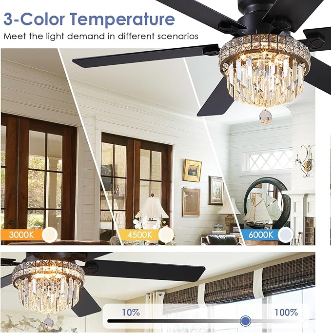 Asyko Crystal Ceiling Fan Fandelier with Lights - 52" Outdoor Fans with Remote Control，Crystal Ceiling Fans Noiseless DC Motor, Retro/Farmhouse Lighting, Dining Room,Living Room