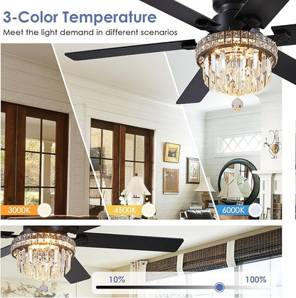 Asyko Crystal Ceiling Fan Fandelier with Lights - 52" Outdoor Fans with Remote Control，Crystal Ceiling Fans Noiseless DC Motor, Retro/Farmhouse Lighting, Dining Room,Living Room
