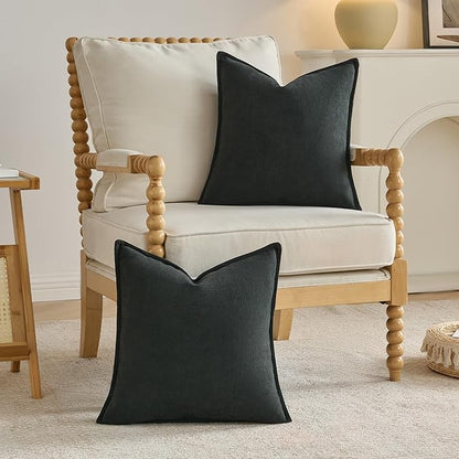 FUTEI Black Chenille Throw Pillow Covers 26x26 Inch Set of 2,Edges Double-Stitched Euro Pillow Shams,Modern Home Decor for Couch Living Room