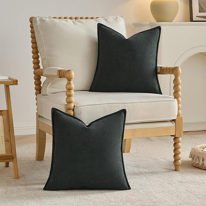 FUTEI Black Chenille Throw Pillow Covers 18x18 Inch Set of 2,Edges Double-Stitched Cushion Cases,Modern Home Decor for Couch Living Room