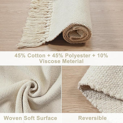 Collive Kitchen Runner Rug, 2' x 4.3' Hand-Woven Reversible Washable Rug, White/Beige Cotton Modern Farmhouse Bathroom Rug Hallway Carpet for Foyer Bedroom Entry Back Door Decor