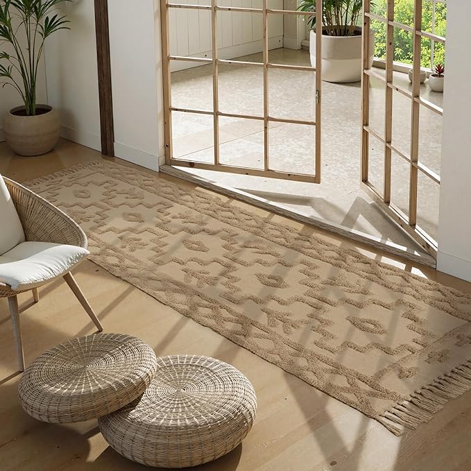 Uphome Boho Runners for Hallways 2.6' x 10', Washable Farmhouse Entryway Runner Rug, Cotton Tufted Bedroom Runner Rugs, Bohemian Tribal Aesthetic Rug for Kitchen Doorway Bathroom Living Room, Khaki