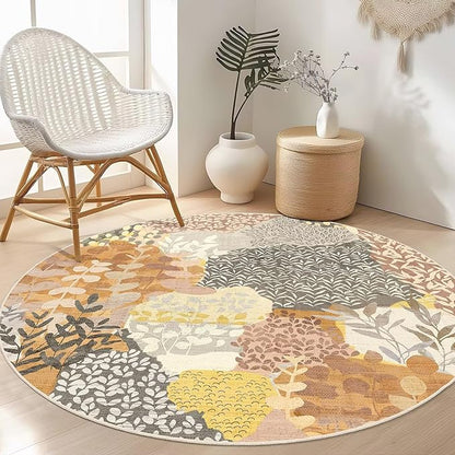 DEXDE Round Rug 4ft Washable Circle Area Rugs Non Slip Low Pile Boho Floral Small Circular Carpet for Bedroom Bathroom Entryway Kids Room Office Dining Room,Camel