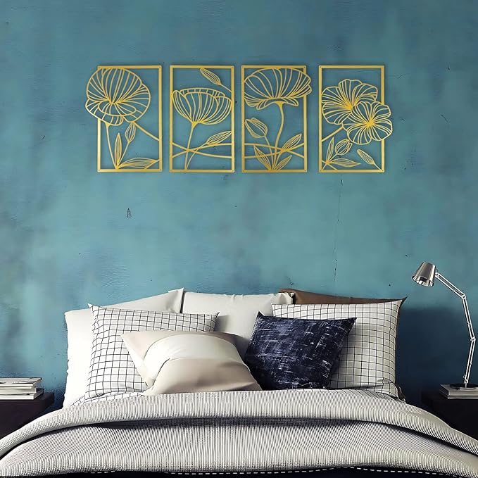 ESTART 4 Pieces Metal Lotus Wall Decor Abstract Floral Aesthetic Splicing Line Art Minimalist Wall Decor for Bedroom Flowers Hanging Wall Sculpture for Living Room Kitchen Office and Yoga Room (Gold)