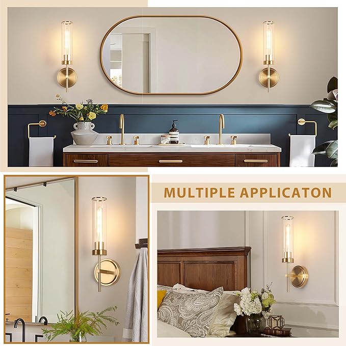 Wall Sconces Set of Two,Modern Bathroom Sconces Wall Lighting 16" 60W Brushed Gold Sconces Wall with Clear Glass Shade for Living Room Corridor Mirror Bedroom Stairs