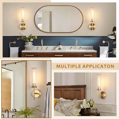 Wall Sconces Set of Two,Modern Bathroom Sconces Wall Lighting 16" 60W Brushed Gold Sconces Wall with Clear Glass Shade for Living Room Corridor Mirror Bedroom Stairs