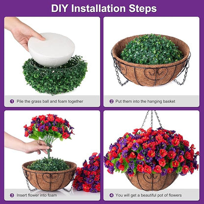 Artificial Hanging Flowers in 12 inch Basket, Faux Silk Petunias Flower Arrangement,Coconut Lining with Morning Glories Fake Plants Patio Garden Porch Deck Spring Summer Decor(Purple and Red)
