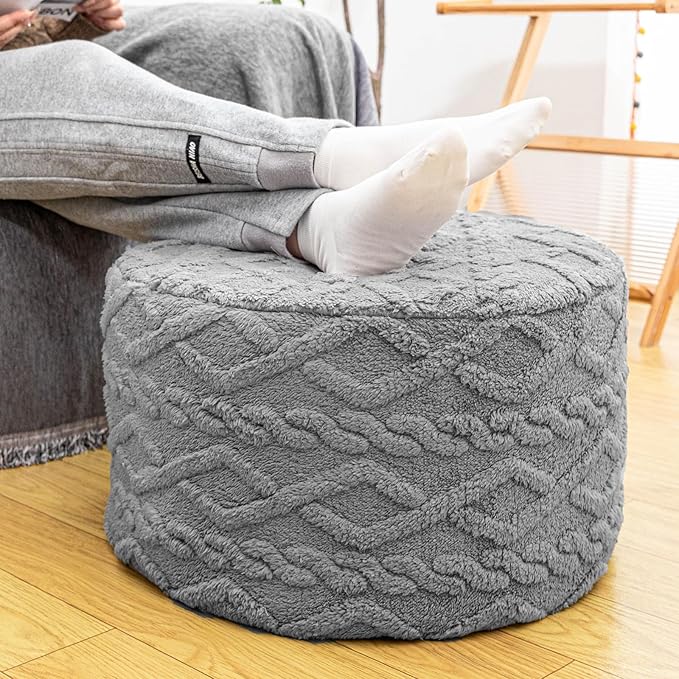 Pouf Ottoman Stuffed 20x20x12 Inches Floor Pouf Plush Fiber Ottoman Foot Rest Under Desk Foot Stool for Living Room Bedroom (Light Gray Pouf with Filler)