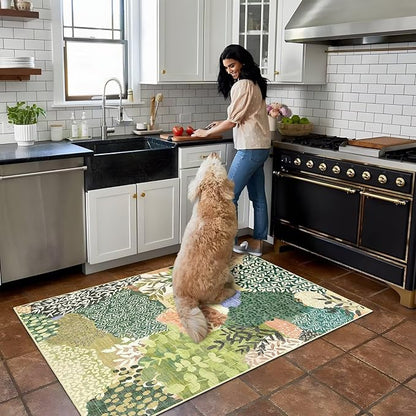 DEXDE Washable Area Rug 3x5 for Living Room, Tropical Vintage Leaf Botanical Rugs Non Slip Soft Kids Room,Abstract Small Boho Carpet for Bedroom, Entryway, Kitchen, Office Dining Room,Green