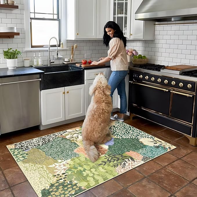 DEXDE Area Rugs for Living Room 4x6.5, Washable Non Slip Boho Rugs Throw Carpet for Bedroom Bedside Dorm Dining Room Indoor Soft Floral Home Decor, Green