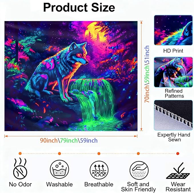 seewan Black Light Wolf Tapestry, Mysterious Wolf Tapestry, UV-Reactive Black Light Standing Tapestry, Vibrant Psychedelic Wall Hanging, Bedroom Dorm Living Room Background Decor