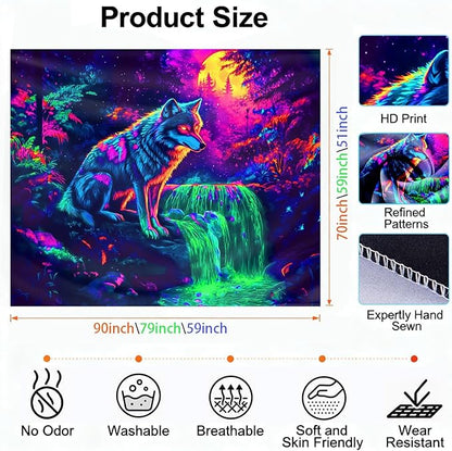seewan Black Light Wolf Tapestry, Mysterious Wolf Tapestry, UV-Reactive Black Light Standing Tapestry, Vibrant Psychedelic Wall Hanging, Bedroom Dorm Living Room Background Decor