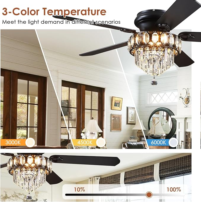 Asyko Crystal Ceiling Fan Fandelier with Lights - 52" Outdoor Fans with Remote Control，Noiseless DC Motor, Retro/Farmhouse Lighting, Dining Room,Living Room