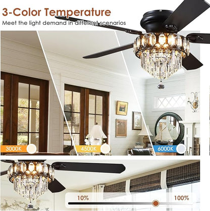 Asyko Crystal Ceiling Fan Fandelier with Lights - 52" Outdoor Fans with Remote Control，Noiseless DC Motor, Retro/Farmhouse Lighting, Dining Room,Living Room
