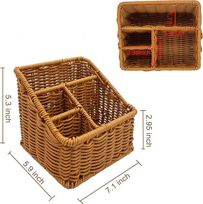 Rattan Remote Control Holder, Wicker Desk Organizer Basket for TV Remotes, Office Supplies, Makeup Brushes, Handwoven Storage Caddy for Tabletop, Shelf, or Kitchen Use (Golden Oak)