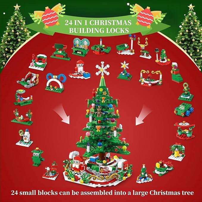 Building Block Advent Calendar 2025 Christmas Tree, 24 Days Christmas Building Block Advent Calendar | 2 Play Ways Xmas Tree & 24 Small Models, 2025 New Year Gifts for Adults Kids Teens