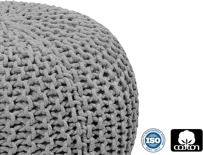COTTON CRAFT Round Dori Pouf - Cotton Braid Cord Cable Knitted Ottoman - Foot Stool - Footrest - Floor Pouf - Woven Ottoman - Bean Bag - Living Room Dorm - 20 inches Diameter x 14 Height - Light Grey
