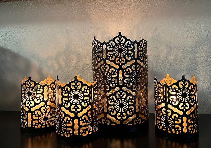 Hosley 7 Inch High Cut Bronze LED Votive Tealight Holder Lantern Intricate Floral Design for Timeless Elegance and Cozy Illumination in Stylish Home D cor Elevate Your Ambiance