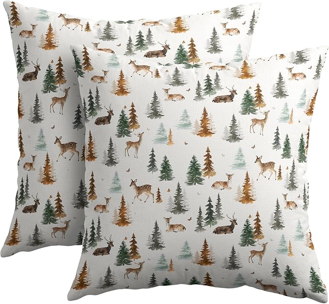 Watercolor Deer Spring Pillow Covers 16x16 Set of 2 Forest Tree Throw Pillow Covers Rustic Pillowcase Linen Decoration Farmhouse Soft Decorative Green Brown Cushion Case Couch for Indoor Home Decor