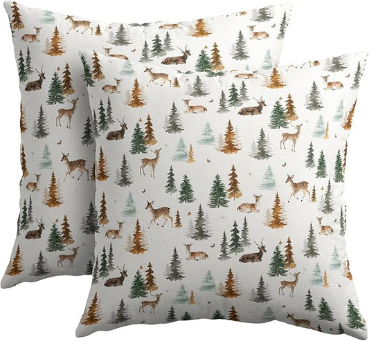 Watercolor Deer Spring Pillow Covers 24x24 Set of 2 Forest Tree Throw Pillow Covers Rustic Pillowcase Linen Decoration Farmhouse Soft Decorative Green Brown Cushion Case Couch for Indoor Home Decor