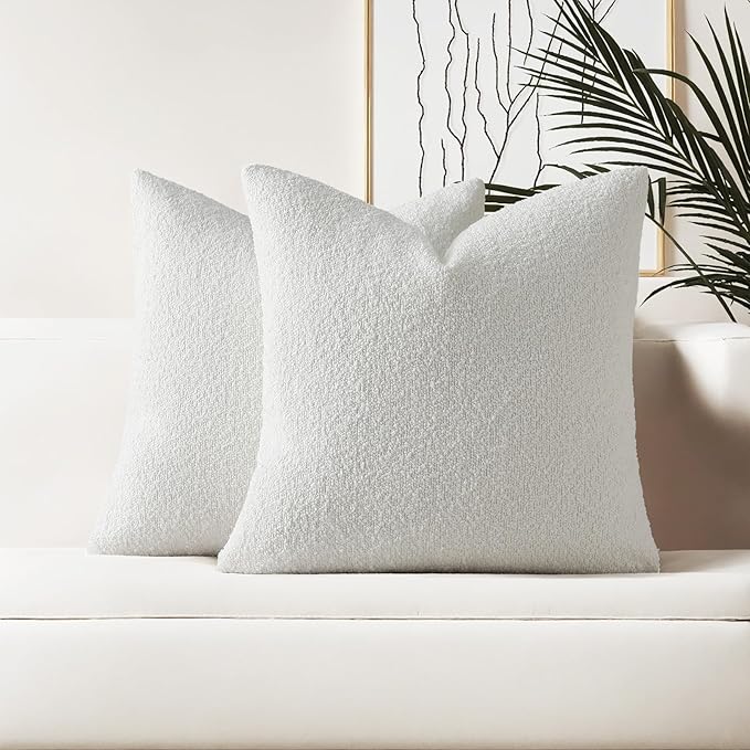 HAUSSY Christmas White Set of 2 20x20 Decorative Throw Pillow Covers, Soft Cozy Textured Boucle Couch Cases, Home Decor for Couch Bed Living Room