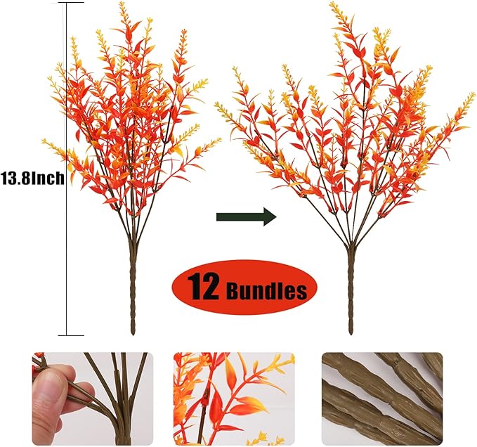 RECUTMS 12 Bundles Outdoor Artificial Flowers UV Resistant Fake Boxwood Plants, Faux Greenery for Indoor Outside Hanging Plants Garden Porch Window Box Home Wedding Farmhouse Décor (Gold)