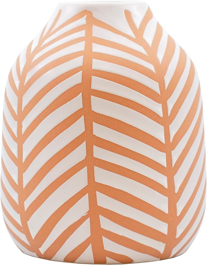 Stephanie Imports Boho Brown Terracotta Vase with Hand-Painted Matte White Design (Leaf Pattern)