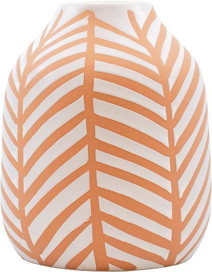 Stephanie Imports Boho Brown Terracotta Vase with Hand-Painted Matte White Design (Leaf Pattern)