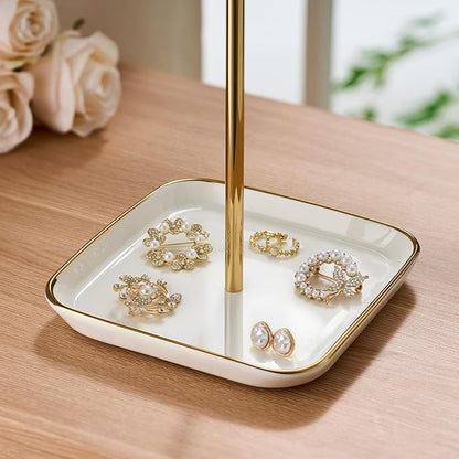 pickpiff Necklace Holder Stand with Ceramic Base: 12" Jewelry Tree Display Organizer for Necklaces, Bracelets, Rings, Earrings, Tall Gold Stand for Women, Aesthetic Room Décor, Gold and White