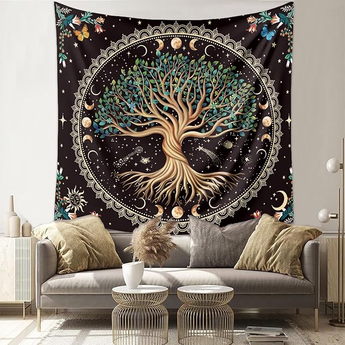 Moon Phase Tree of Life Tapestry Nature Flower Plant Butterfly Tapestries Boho Mandala Spiritual Tapestry Aesthetic Wall Hanging for Home Decor Bedroom Living Room Dorm Decor (35.44" x 47.25", Blue)