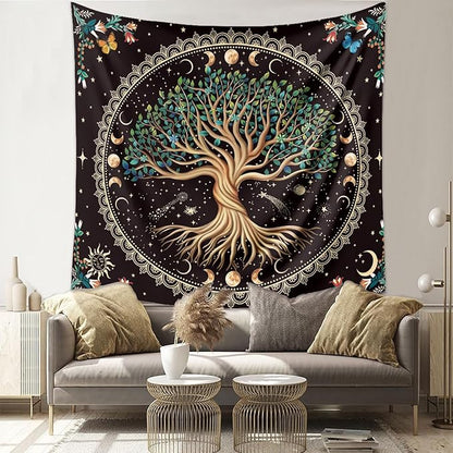 Moon Phase Tree of Life Tapestry Nature Flower Plant Butterfly Tapestries Boho Mandala Spiritual Tapestry Aesthetic Wall Hanging for Home Decor Bedroom Living Room Dorm Decor (35.44" x 47.25", Blue)