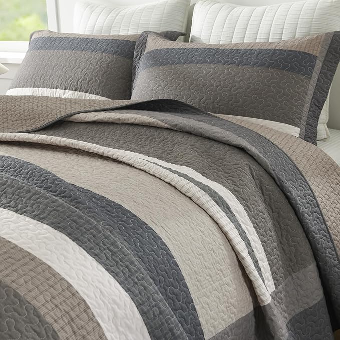 100% Cotton Quilts King Size, King Quilt Bedding Set Bedspread, Striped Quilt for King Bed, 3 Pieces Farmhouse Reversible Lightweight Comforter Bed Spread, Brown/Beige/Taupe
