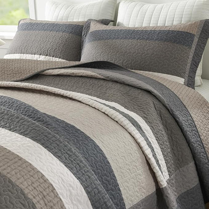 100% Cotton Quilts King Size, King Quilt Bedding Set Bedspread, Striped Quilt for King Bed, 3 Pieces Farmhouse Reversible Lightweight Comforter Bed Spread, Brown/Beige/Taupe