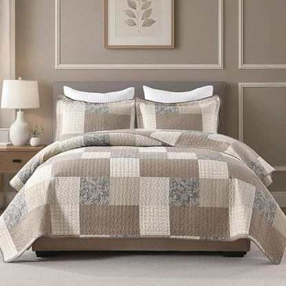100% Cotton Quilt Set King Size - Plaid Quilted Comforter, Patchwork Botanical King Quilt Bedspread, Modern Farmhouse Lightweight Bedding for King Bed, 3pcs, Brown/Beige/Khaki