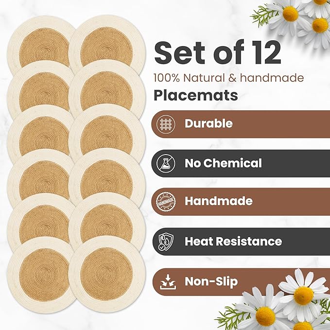 Eco Crave Jute Round Placemats Set of 12 – Hand Woven Natural Beige Jute with White Rim, 13 Inch Farmhouse Rustic Dining Drawstring Table Mats, Wicker Heat Resistant Durable Eco-Friendly Table Decor