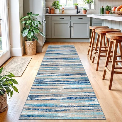 Modern Abstract Runner Rug 2.6x10, Blue Washable Long Kitchen Runner Non-Slip Soft Hallway Rug Runner Thin Print Faux Wool Carpet for Entryway Bedroom Laundry Room Indoor Home Decor