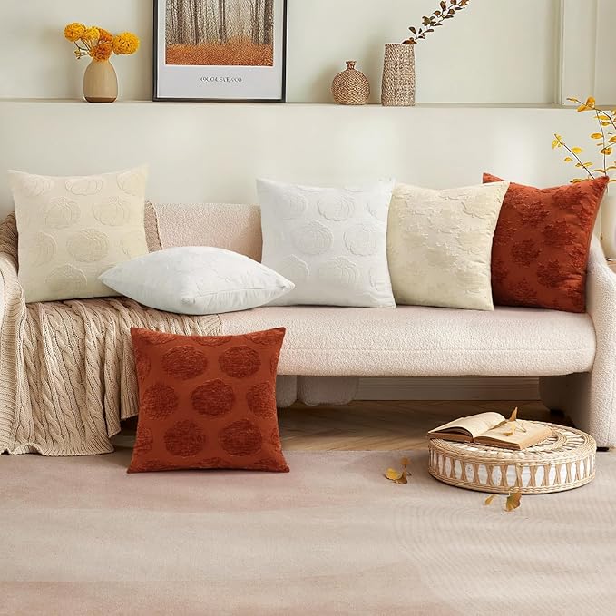 decorUhome Decorative Cream White Pumpkin Thanksgiving Throw Pillow Covers 18x18 Set of 2, Soft Chenille Jacquard Farmhouse Textured Pillow Covers for Couch Bed Sofa Autumn Harvest Halloween Holiday