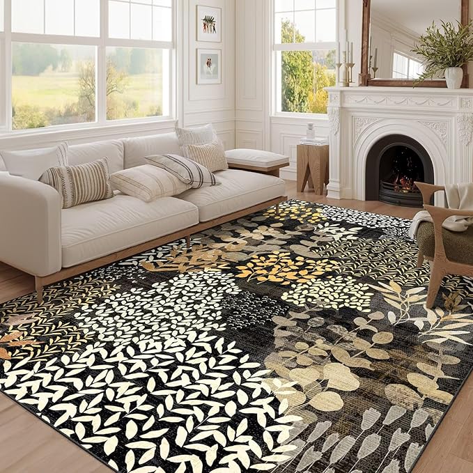DEXDE 5x7 Area Rugs, Washable Non-Slip Abstract Boho Soft Rug for Living Room Bedroom,Leaves Floral Print Large Carpet for Entryway Playroom Office, Black