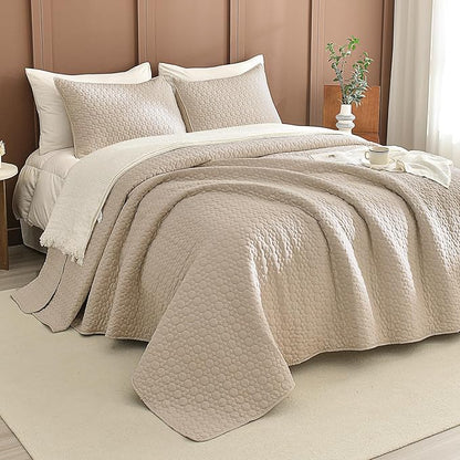 Sanracie Oversized Cotton King Quilt 128"*120" for Extra Bed,3Pcs Linen Colored California King Quilt Sets Oversized Circular Quilting Super Large Wide Cal King Coverlet Thin Comforter Ultra Soft
