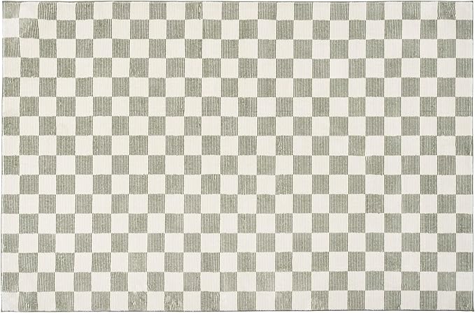 Revival Rugs Gambit 5'3"x8' Checkered Rug Washable Area Rug for Living Room Bedroom - 100% Recycled Oeko-TEX Certified, Medium Pile, Green, Beige