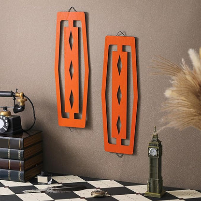 CroBlissful 2 Pcs Modern Mid Century Wall Art Wood Mid Century Elegance Decor Accents Abstract Wall Sculpture Geometric Panels for Interior Panel Art for Home Living Room(Orange)