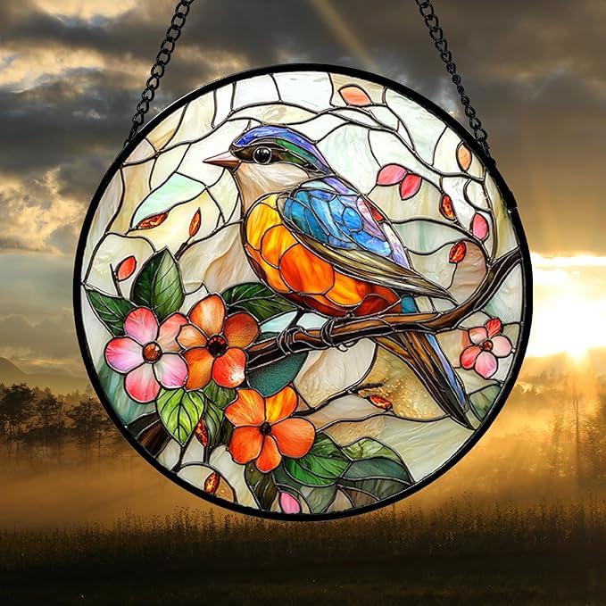 DASTOLL Stained Glass Window Hanging, Blue Bird Pink Flower Suncatcher Diamond Glass Panel Bird Sun Catchers Decor for Birthday for Women, Men, Wife, Aunt, and Mom 14.9x14.9 in