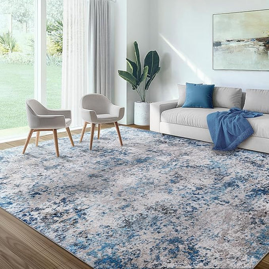 Area Rug for Living Room: 10x14 Washable Neutral Abstract Rug for Bedroom Modern Soft Dining Room Rug No Slip Low Pile Carpet for Nursery Home Office Decor - Grey/Blue