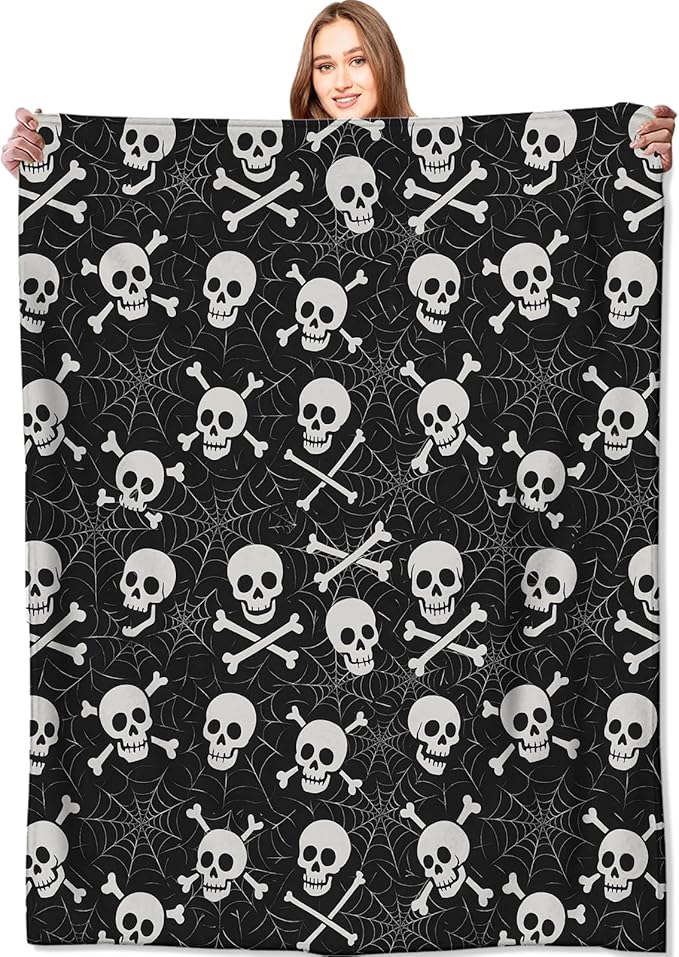 Skull and Crossbones Blanket Halloween Holiday Decor Gothic Spooky Skeleton Black Throw Gifts Lightweight Soft Fleece Spider Web Blankets for Creepy Fall Vibe Horror Goth Decoration 60x80in