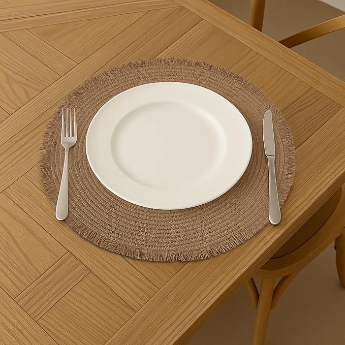 15 Inch Set of 6 Round Woven Placemats Braided Paper Heat Resistant Table Mats with Tassel Boho Indoor Outdoor Table Placemats for Dining Tables (Brown)