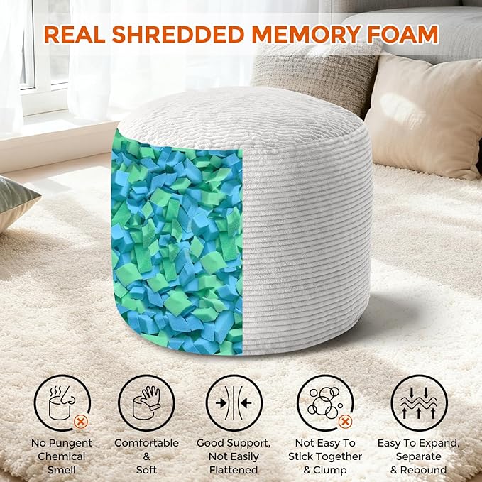 Pouf Ottoman Foot Rest, Comfortable & Soft, Round Footstool Ottoman for Living Room, Bedroom, Office, Room Decoration, Corduroy Foot Stool Pouf with Odorless & Anti-Clump Filling, Small Grey